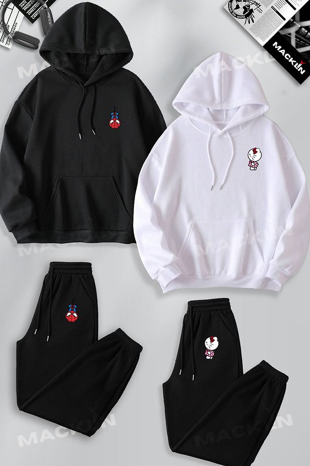 Sevgili Çift Kombin Spiderman ve Hello Kitty Baskılı Kapüşonlu Sweatshirt ve Jogger Eşofman Altı 4lü - 1
