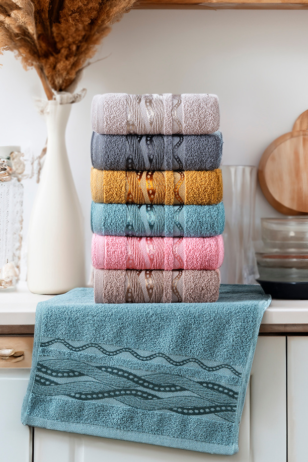 Boho Set of 6 100% Cotton Hand, Face and Kitchen Towels - 30X50 cm
