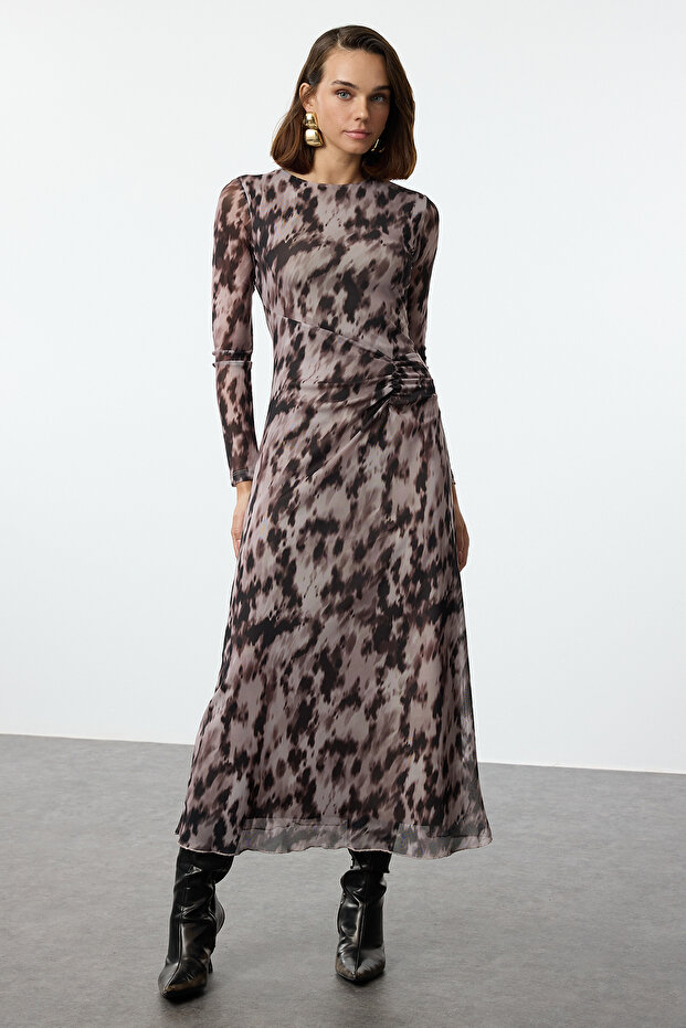 Kahverengi Baskılı Büzgü / Drape Maxi Örme Elbise TWOAW25EL00408 - 1