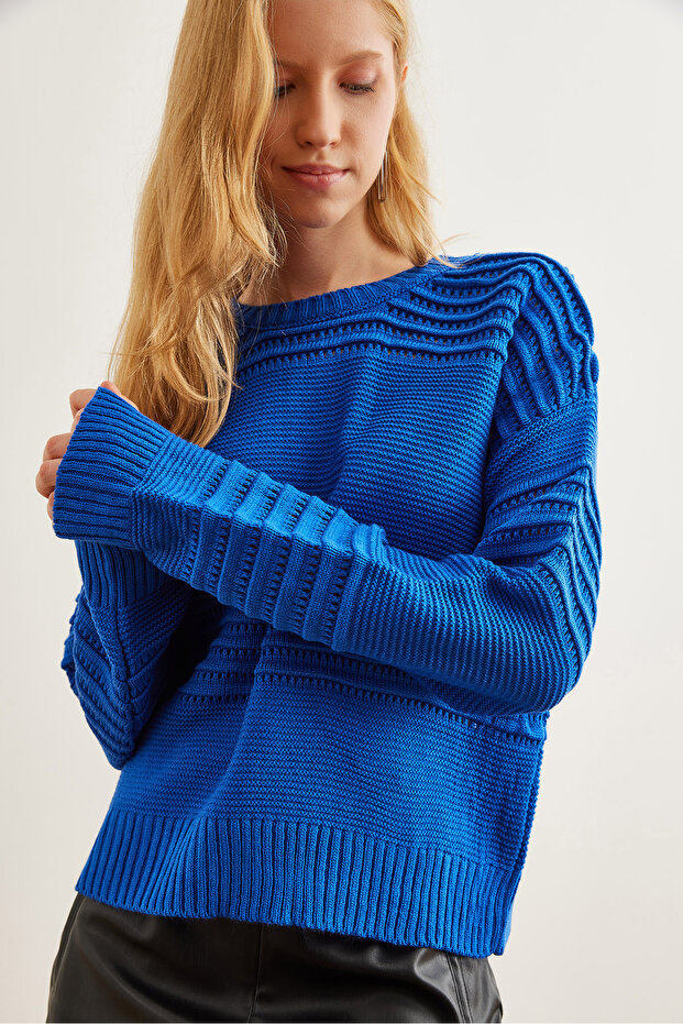 Women's Cobalt Blue Textured Stripe Detailed Sweater Kzk- 19000808