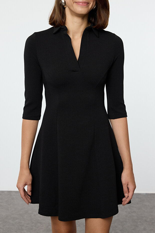 Siyah Polo Yaka Skater/Belden Açılan Mini Örme Elbise TWOAW25EL00499 - 5