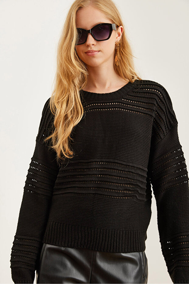 Women's Black Textured Stripe Detailed Sweater Kzk- 19000808