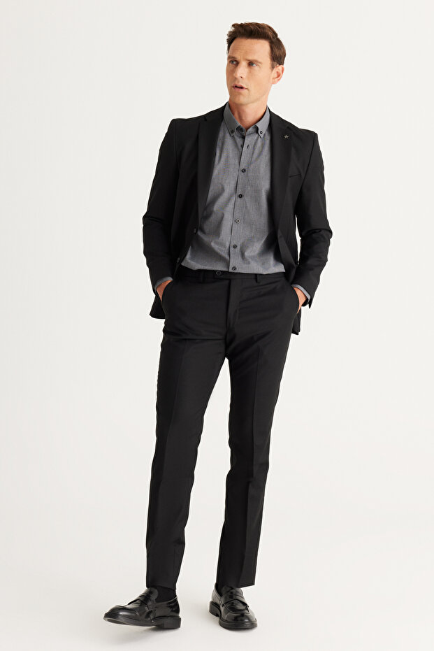 Erkek Siyah Ekstra Slim Fit Dar Kesim Mono Yaka Yünlü Takım Elbise - 2