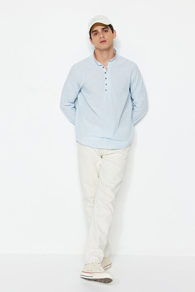 Mavi Slim Fit Yarım Patlı Düğmeli Hakim Yaka Yeni Gömlek TMNSS20GO0097 - 4