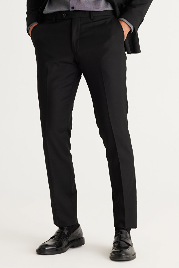 Erkek Siyah Ekstra Slim Fit Dar Kesim Mono Yaka Yünlü Takım Elbise - 4