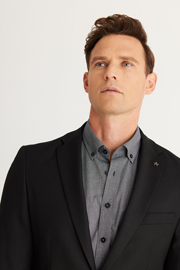 Erkek Siyah Ekstra Slim Fit Dar Kesim Mono Yaka Yünlü Takım Elbise - 3