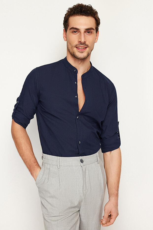 Koyu Lacivert Slim Fit Basic Hakim Yaka Apoletli %100 Pamuklu Gömlek TMNSS20GO0188 - 5