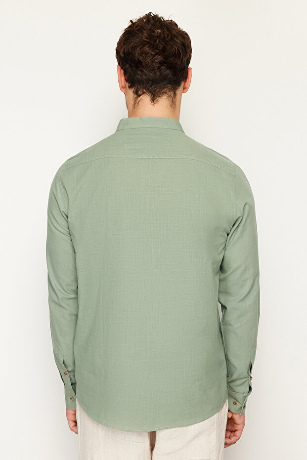 Açık Haki Slim Fit Yarım Patlı Hakim Yaka %100 Pamuklu Keten Görünümlü Gömlek TMNSS20GO0097 - 2