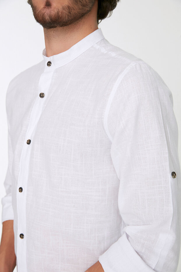 Beyaz Basic Slim Fit Hakim Yaka Apoletli %100 Pamuklu Keten Görünümlü Gömlek TMNSS20GO0188 - 4