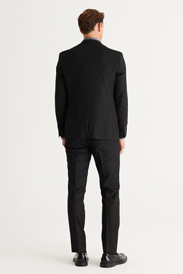 Erkek Siyah Ekstra Slim Fit Dar Kesim Mono Yaka Yünlü Takım Elbise - 7