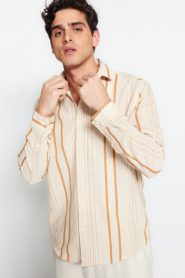 Camel Regular Fit Çizgili Keten Dokulu Gömlek TMNSS23GO00056 - 4