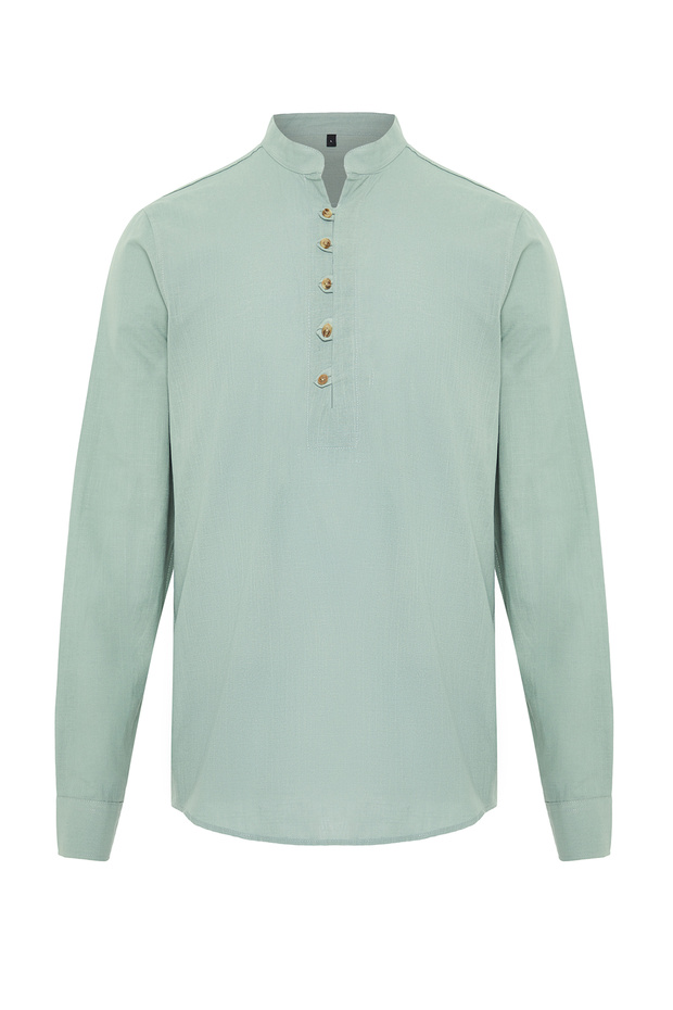 Açık Haki Slim Fit Yarım Patlı Hakim Yaka %100 Pamuklu Keten Görünümlü Gömlek TMNSS20GO0097 - 6