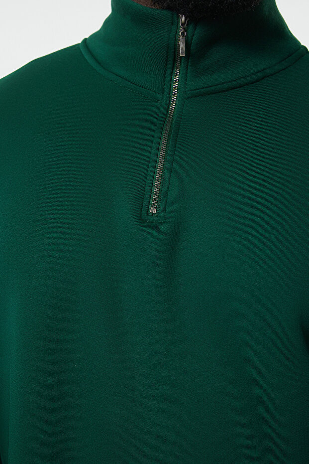 Yeşil Büyük Beden Oversize/Normal Kesim Dik Yaka Fermuarlı İçi Polarlı Sweatshirt TMNAW24AO00024 - 4