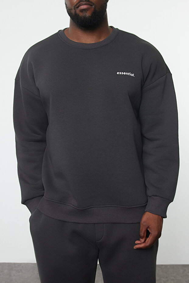 Büyük Beden Antrasit Regular/Normal Kesim Baskılı Sweatshirt-Eşofman Altı Takım TMNAW25TS00001 - 3