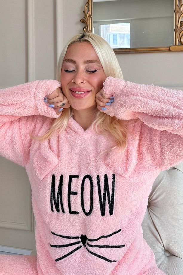 Somon Meow Desenli Tam Peluş Pijama Takımı - 6