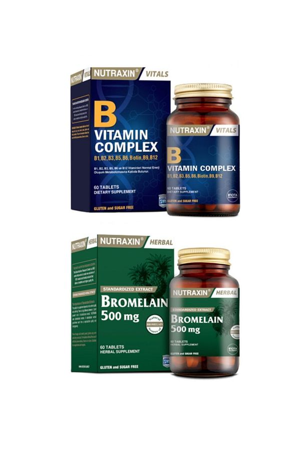 B1, B2, B3, B5, B6, B12 Içeren B Vitamin Complex 60 Tablet + Bromelain Ananas 60 Kapsül - 1