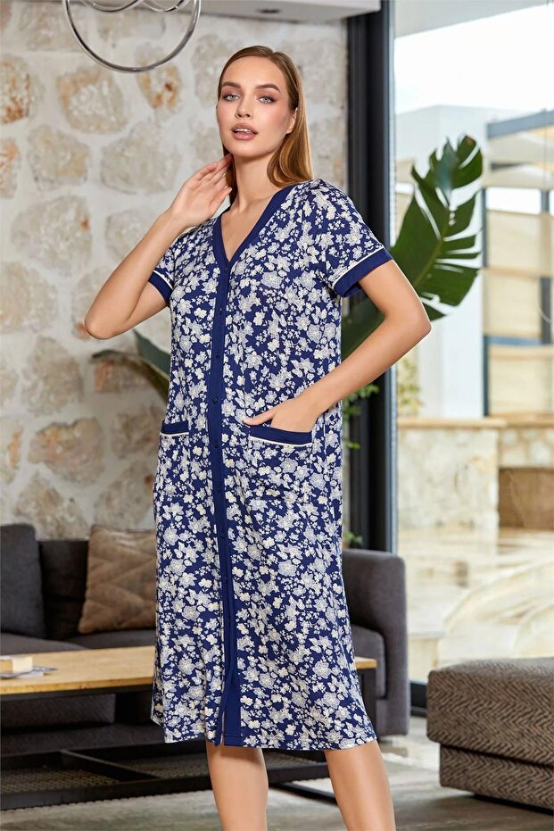 24676 Women's Plus Size Short Sleeve Home Dress-Navy