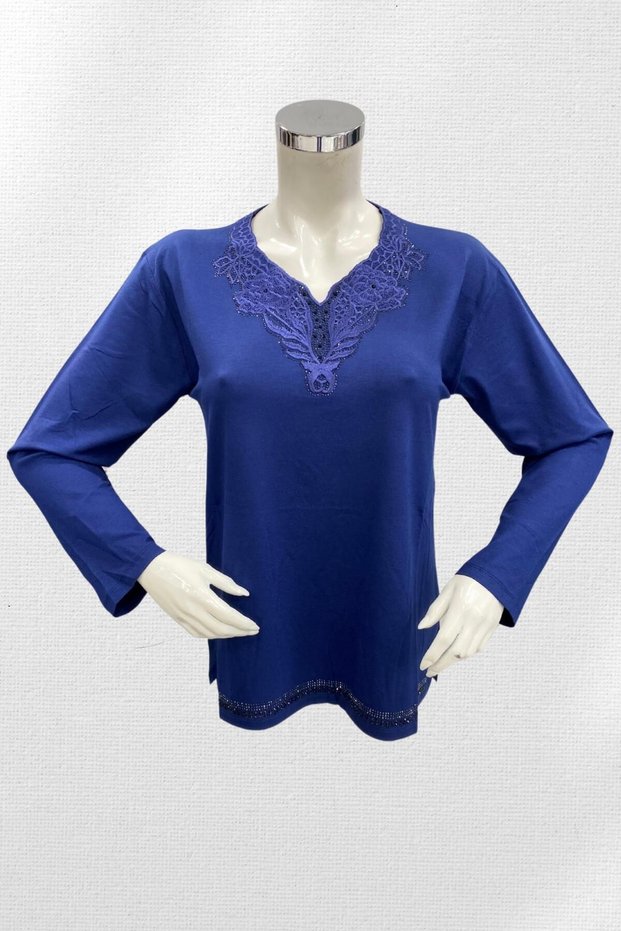 Women's Blue V-Neck Stoned Skirt Mother Combed Cotton Blouse