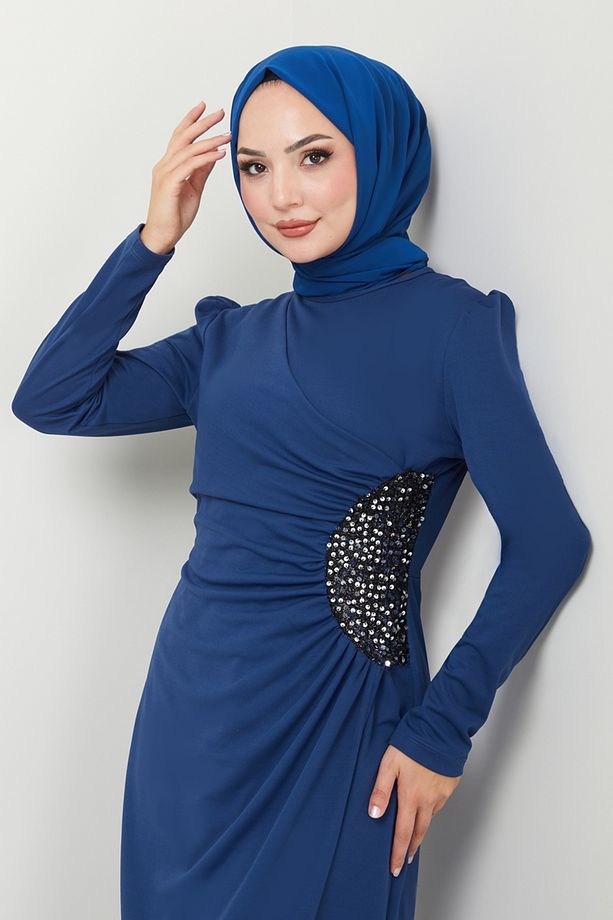 Drape Detaylı Elbise ASM2743 İndigo - 3