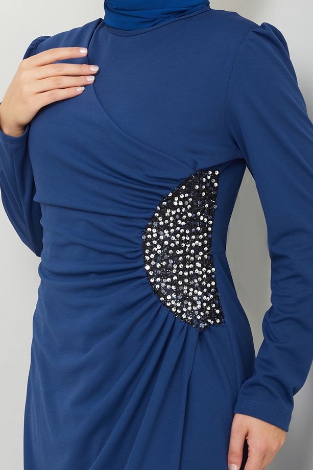 Drape Detaylı Elbise ASM2743 İndigo - 4