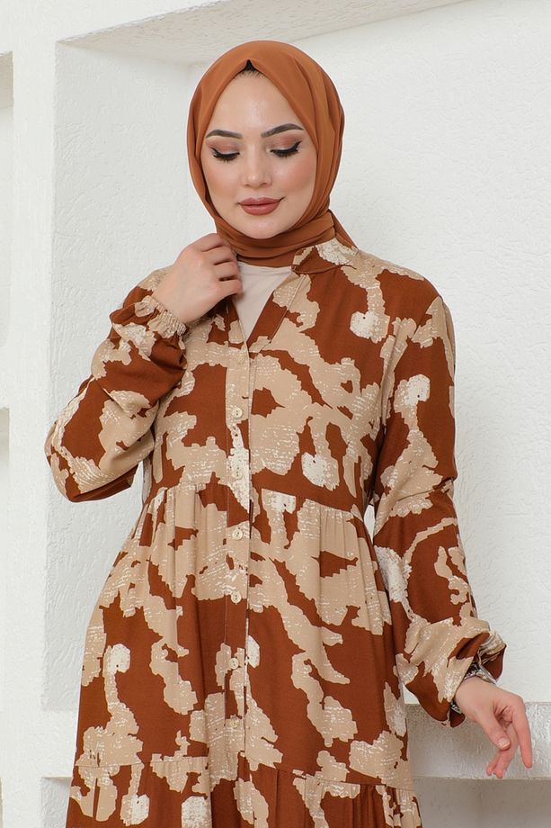 Desenli Viskon Elbise 4084ZNN863 Taba - 4