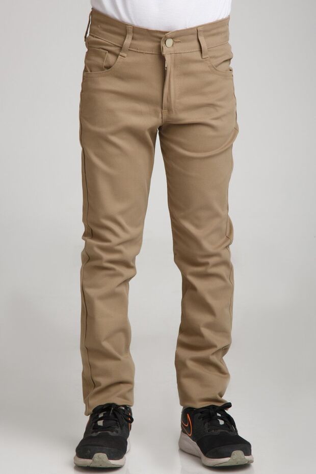 Spor Model Bej Likralı Canvas Okul Pantolon Gizli Bel Lastikli - 3