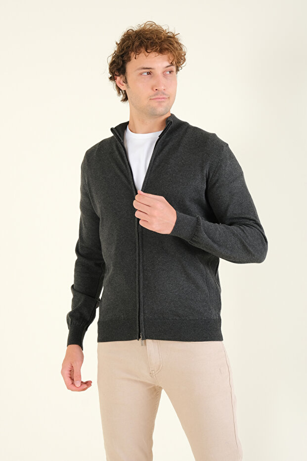 Men's Stand Collar Zippered Cardigan Anthracite