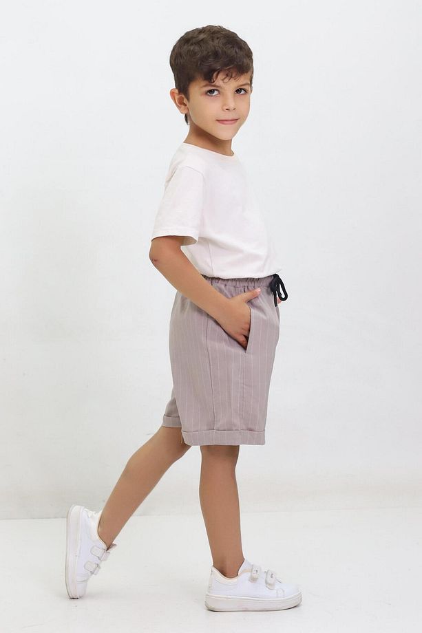 Çizgili Bağcıklı Duble Paça Unisex Çocuk Şort Gri - 3