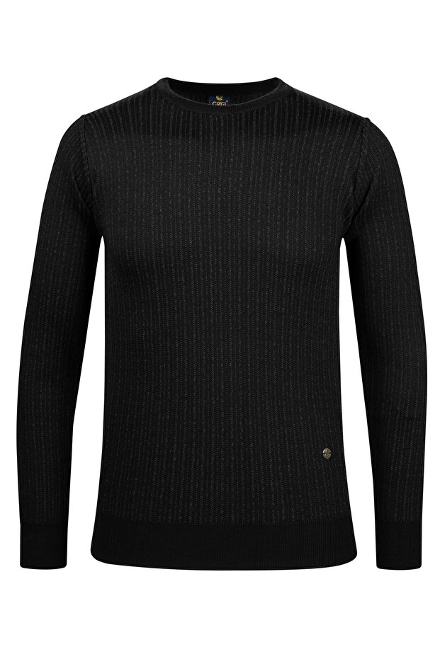 Men's Crew Neck Knitwear Black Sweater Patterned Steel Knit Classic Fit - 5004C