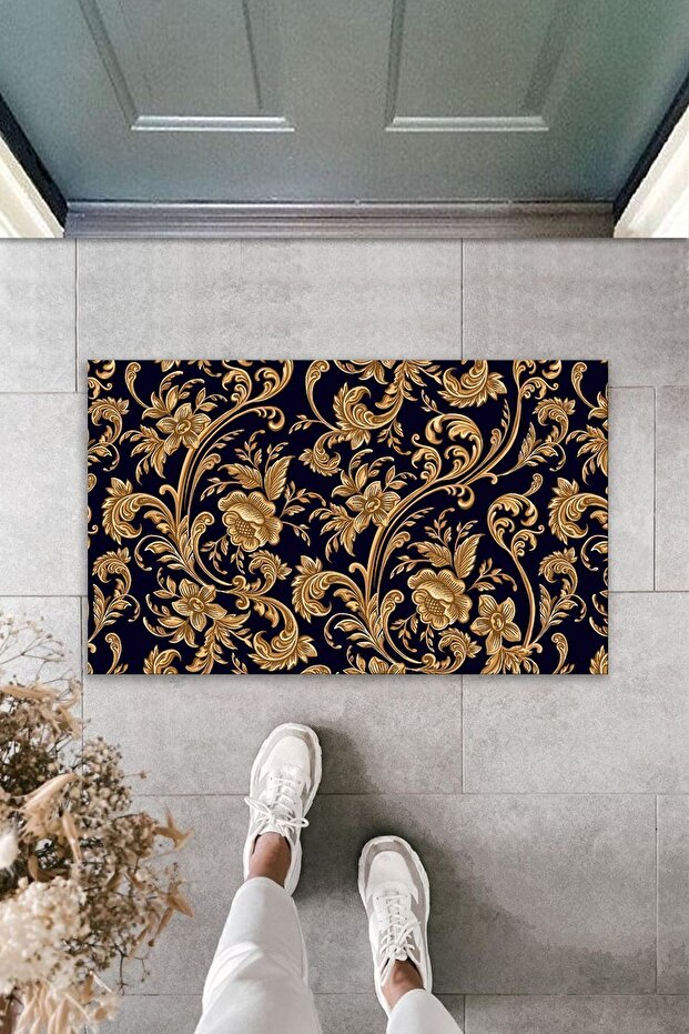 Multi-Purpose Decorative Digital Printing Black-gold Flower Outdoor Doormat