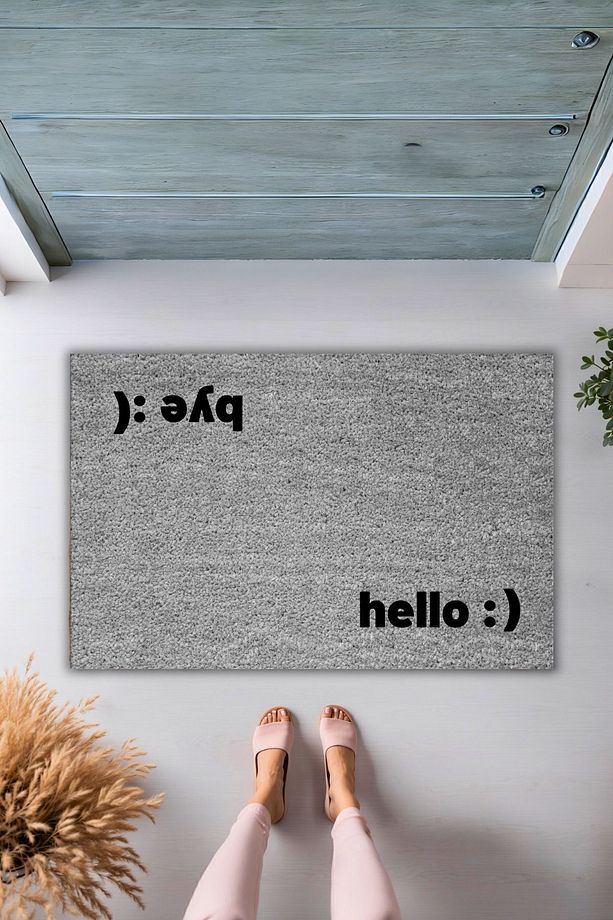 Modern Dijital Gri Baskı - Hello - Bye Paspas - Kapi onu Paspasi - 1