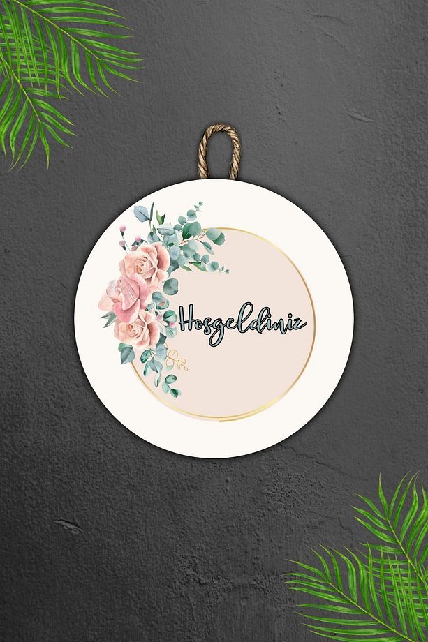 Modern Dijital Baskı Kapı Süsü - Pembe Çiçekli Hoşgeldiniz - Dekorasyon Kapı Süsü - 7