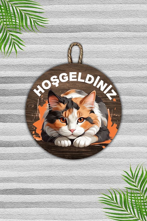 Modern Ahşap Kapı Süsü - Hoşgeldiniz Kedi Karşılamalı Duvar Süsü - Dış Mekan Kapi Susu - 1