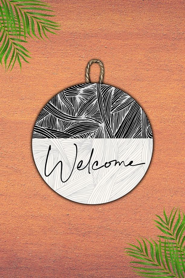 Modern Kapı Süsü - Beyaz ve Siyah, Dijital Ahşap Baskı - Welcome Dış Mekan Kapı Süsü, 30 cm - 4