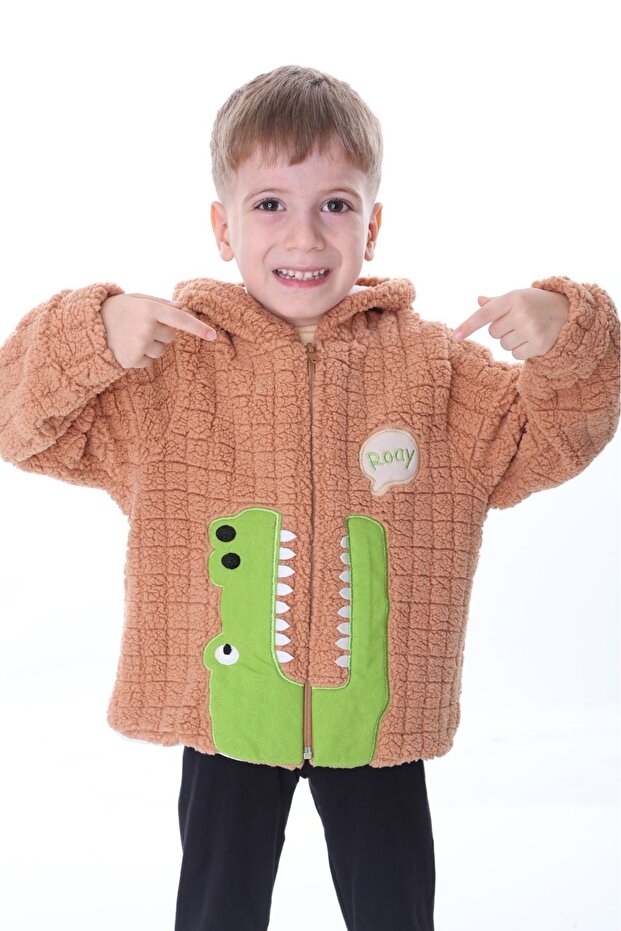 Brown Plush Patterned Unisex Children's Cardigan for Ages 1-5 - Checkered, Zippered and Lined