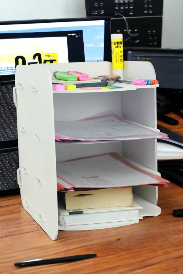 Desktop Wooden File Organizer A4 Document Rack File Holder White Color Model 2