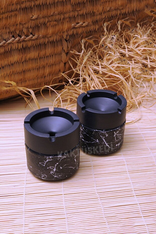 2 Pieces Marble Patterned Odorless Black Glass Ashtray