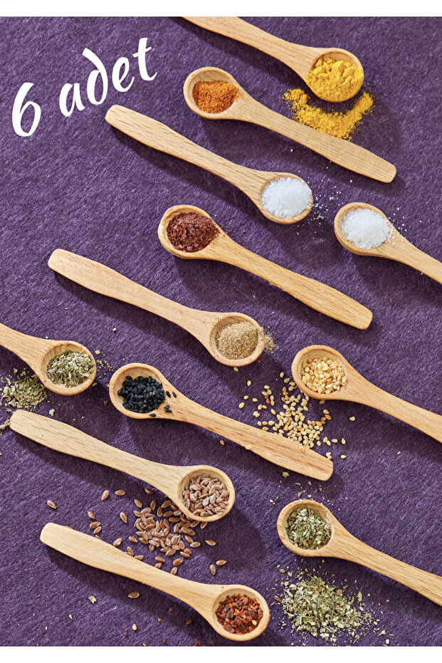 6 Adet Ahşap Baharat Kaşığı (11 CM) Tahta Kaşık Bal Reçel Ölçü Mama Kaşığı - 1