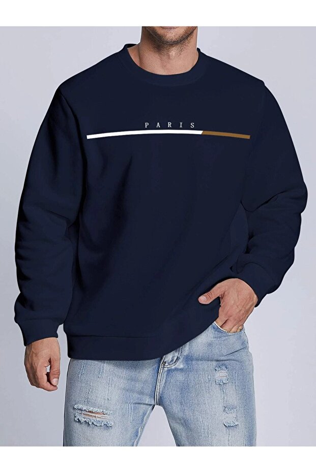 Men's Navy Blue Striped Paris Printed Oversize Sweatshirt