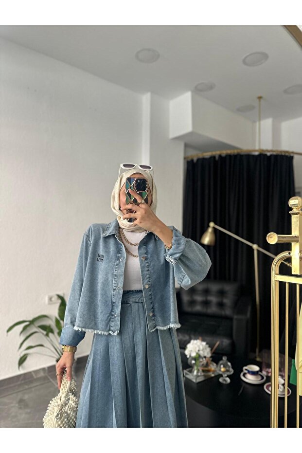 Denim Hijab Skirt Jacket-Shirt Set