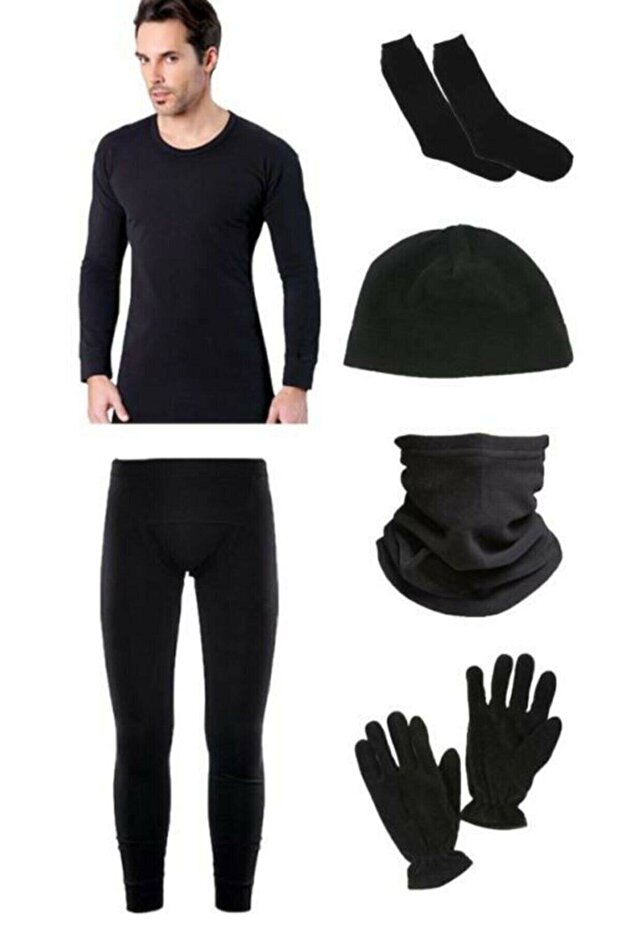 Black Thermal Underwear Set Fleece Beanie Neck Warmer Gloves Towel Socks Set