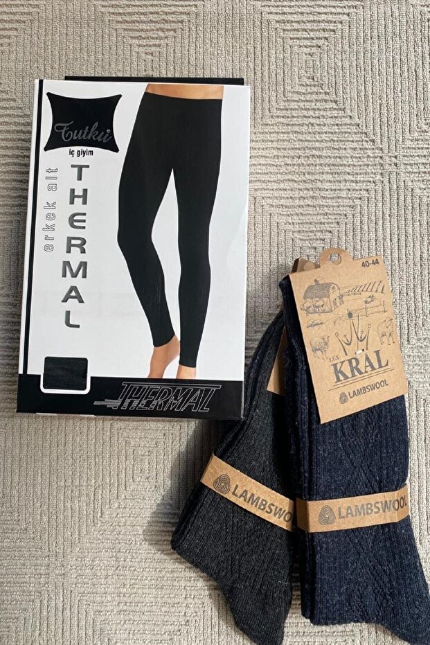 Men's Thermal Tights 2 Pairs Black Wool Socks with Gift