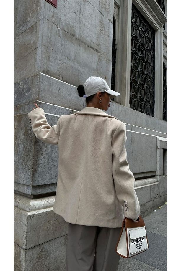 pinterest muadil kaşe kumaş yumuşak doku tek düğmeli astarlı oversize bol kesim kaban blazer ceket - 4