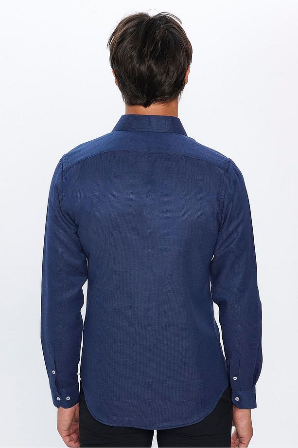 Modern Slim Fit Uzun Kollu Pamuklu Kolay Ütü Armürlü Erkek Lacivert Gömlek - 5