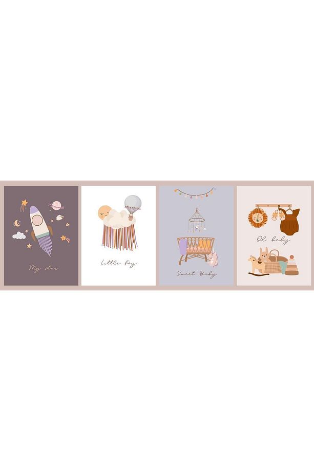 4'lü Pastel Renkler Bebek Duvar Poster Ahşap Tablo (4 adet 20x30 cm) - 1