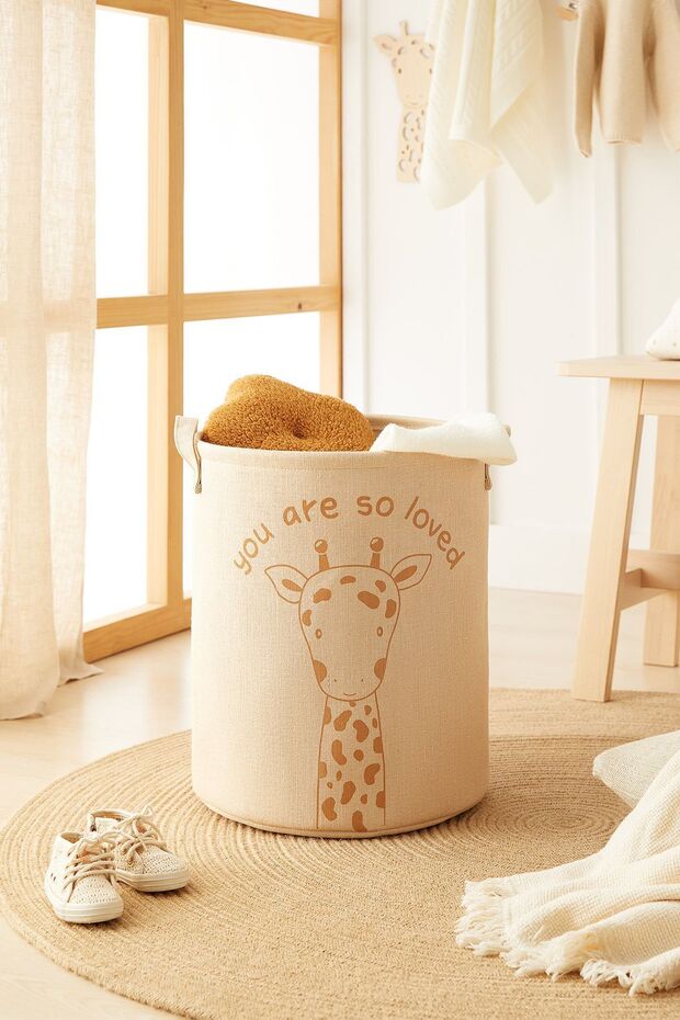 Ocean Home Textile Çocuk Odası Sevimli Zürafa Jüt Keten Kumaş Çamaşır Düzenleyici Oyuncak Sepeti 33x40