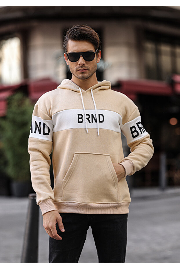 Bej Erkek Kapüşonlu Baskılı Basic Sweatshirt - 3