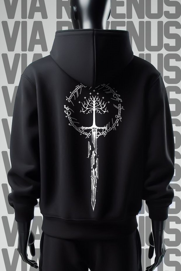 Lord of the Rings Front and Back Printed 3 Thread Wide Pattern Black Hooded Sweatshirt
