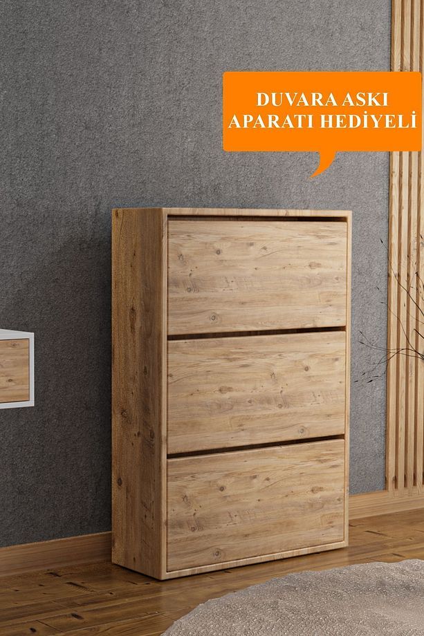 AE-1078 Vizyon Ayakkabılık Duvara Monte Edilebilir, Atlantik Çam Düşer Kapak, 3 Kapaklı, 6 Raflı - 1