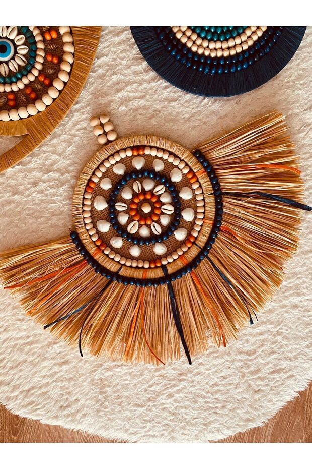 Aylak şeyler nazar temalı üç parçalı bohem set rafya duvar süsü - 4